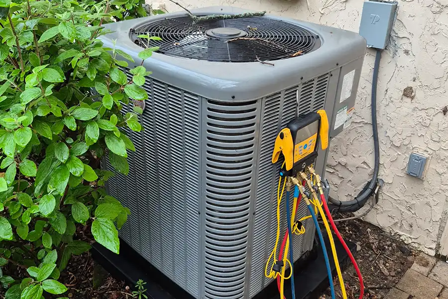 Newly installed outdoor heat pump during system testing
